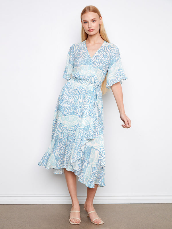 Maeva print faux wrap dress with elegant elbow sleeves and a flattering V-neck design by Charlie B.