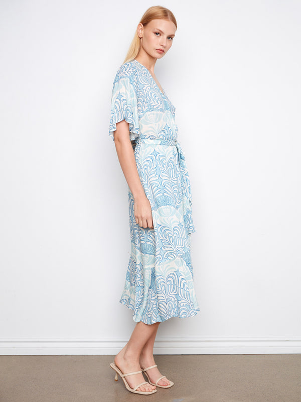 Printed Faux Wrap Dress With Belt - Ibiza