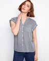 Navy gingham blouse with V-neck and stand collar, featuring a button-up design for a classic touch by Charlie B.