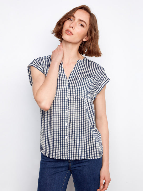 Printed Gingham Button-Up Blouse - Navy