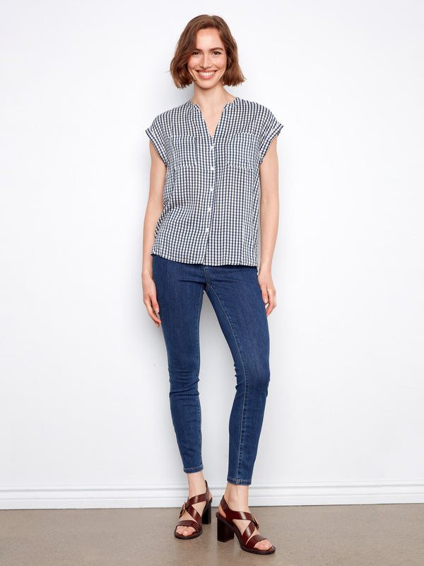 Printed Gingham Button-Up Blouse - Navy