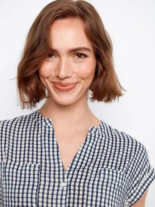 Printed Gingham Button-Up Blouse - Navy