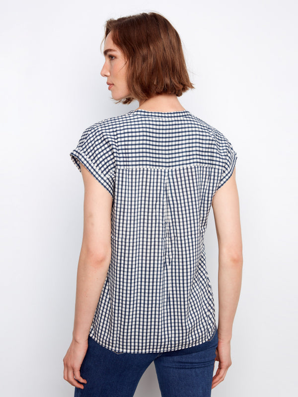 Printed Gingham Button-Up Blouse - Navy