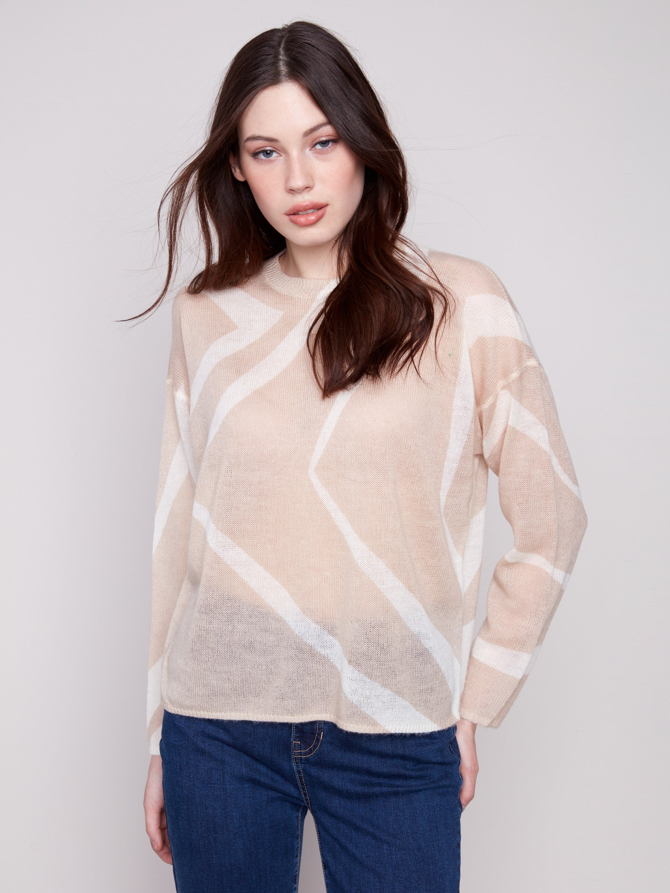 Mohair-like sweater in Sesame/Ecru with semi-sheer knit, featuring a geometric pattern and long sleeves by Charlie B.