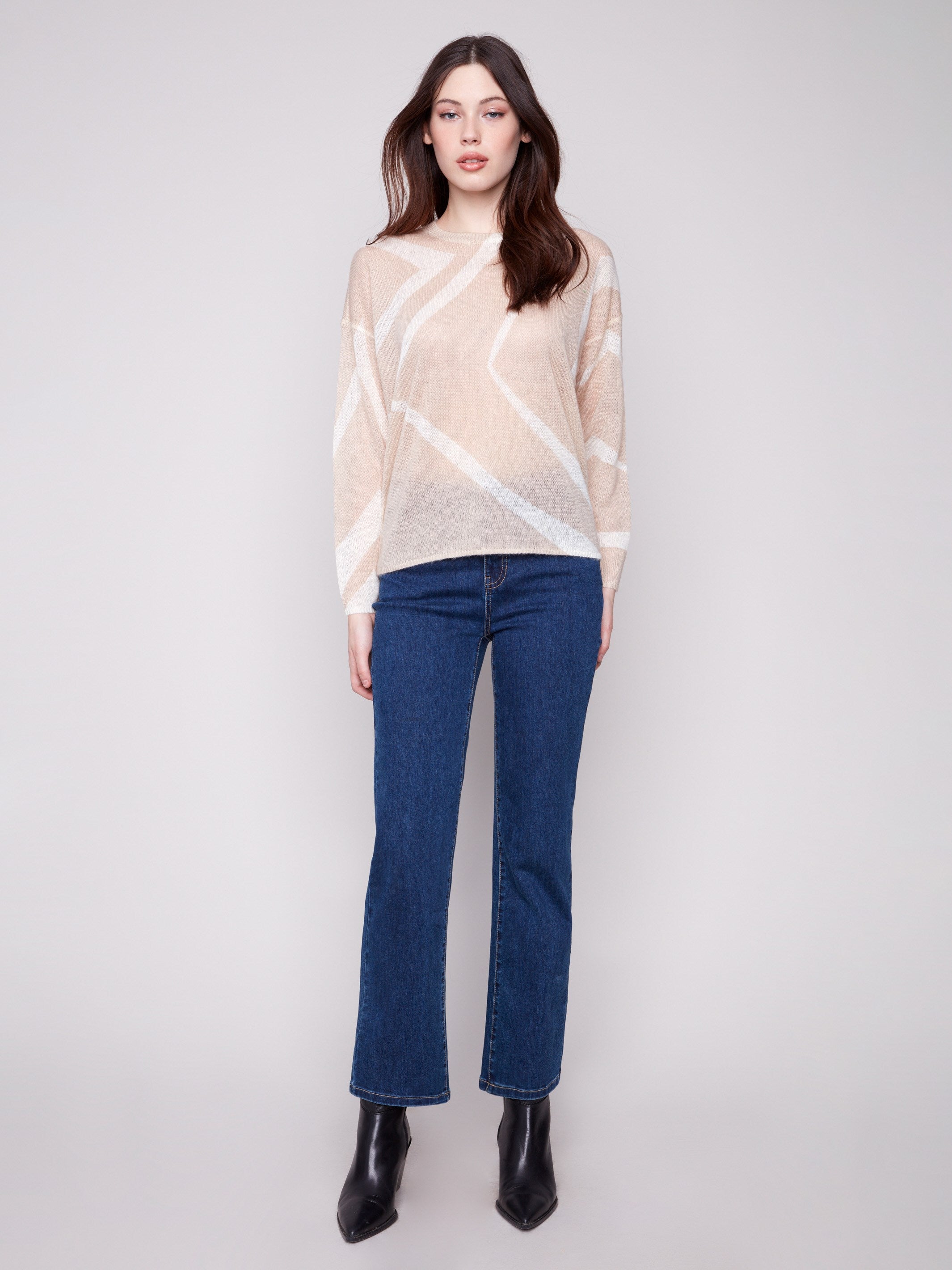 Geometric pattern sweater in Sesame/Ecru with drop shoulders and crew neckline, crafted for comfort by Charlie B.