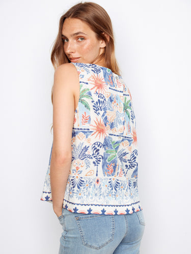 Chic sleeveless top with intricate tropical patterns and comfortable crew neckline by Charlie B.