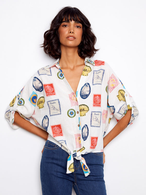 Printed Linen Blend Front-Tie Blouse - Postcard