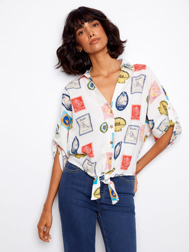 Chic blouse with postcard motifs, showcasing short adjustable sleeves and a stylish V-neckline by Charlie B.