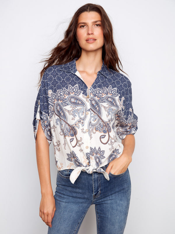 Printed Linen Blend Front-Tie Blouse - Denim
