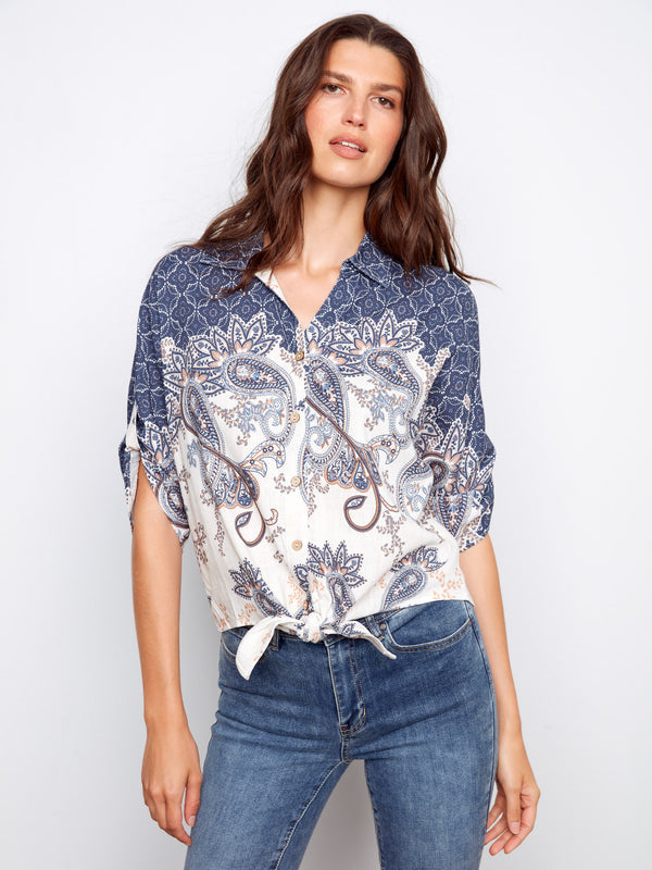 Printed Linen Blend Front-Tie Blouse - Denim