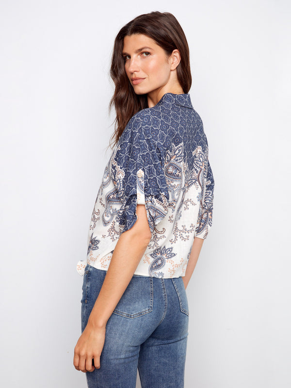 Printed Linen Blend Front-Tie Blouse - Denim