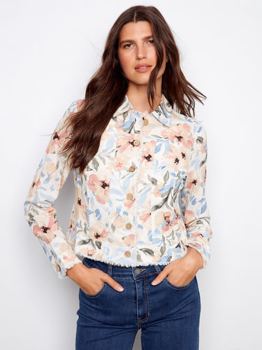 Featuring front button closure, this floral jacket combines style and functionality effortlessly. A must-have piece. By Charlie B.