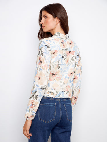 A stylish short length floral jacket with delicate details, perfect for enhancing your wardrobe essentials collection. By Charlie B.