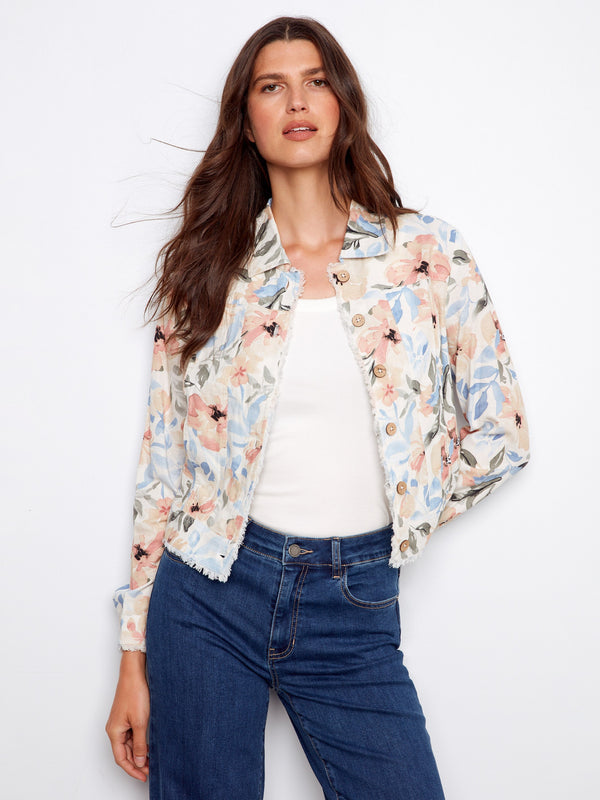 Front button closure adds elegance to this vibrant floral jacket, making it suitable for various occasions all year round. By Charlie B.