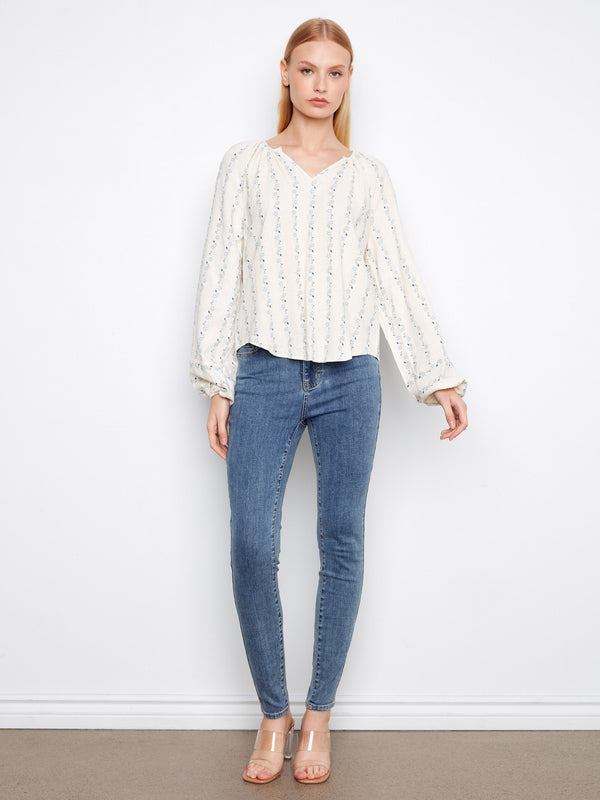 Printed Linen Blend Raglan Blouse - Petaline