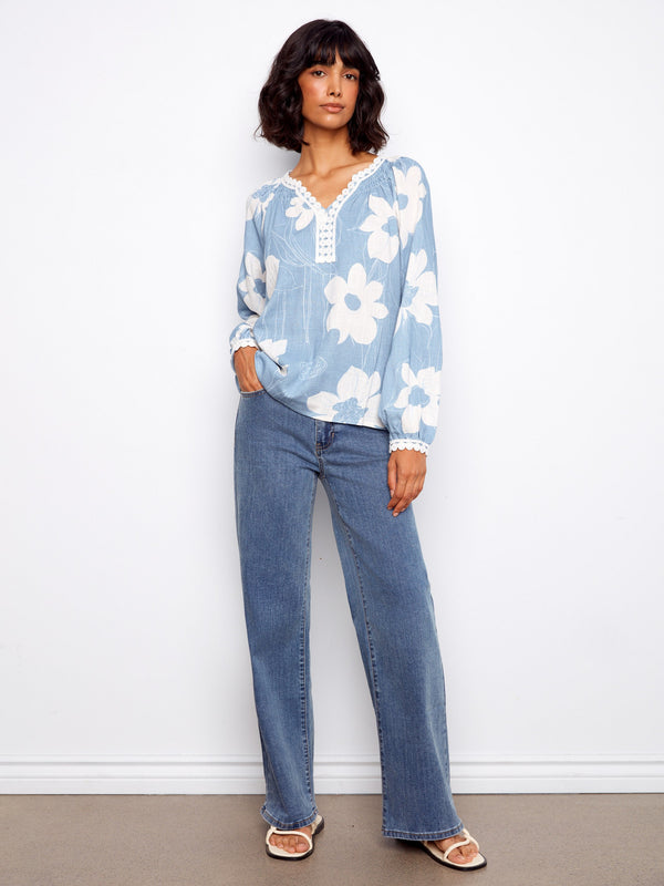 Printed Linen Blend Raglan Blouse With Crochet Trim - Waterlily