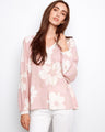 Floral blouse with a notch neckline, featuring crochet trim for added elegance. Perfect for casual outings. By Charlie B.