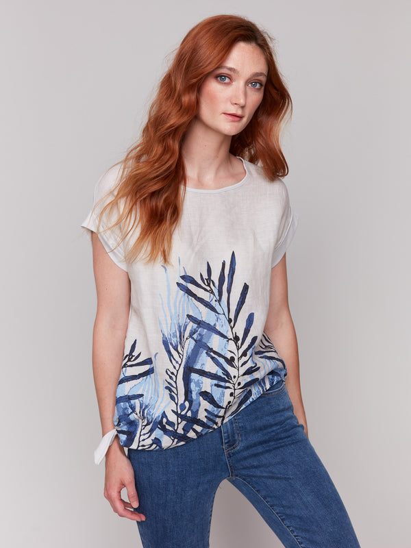 Palm print top featuring side tie detail by Charlie B.