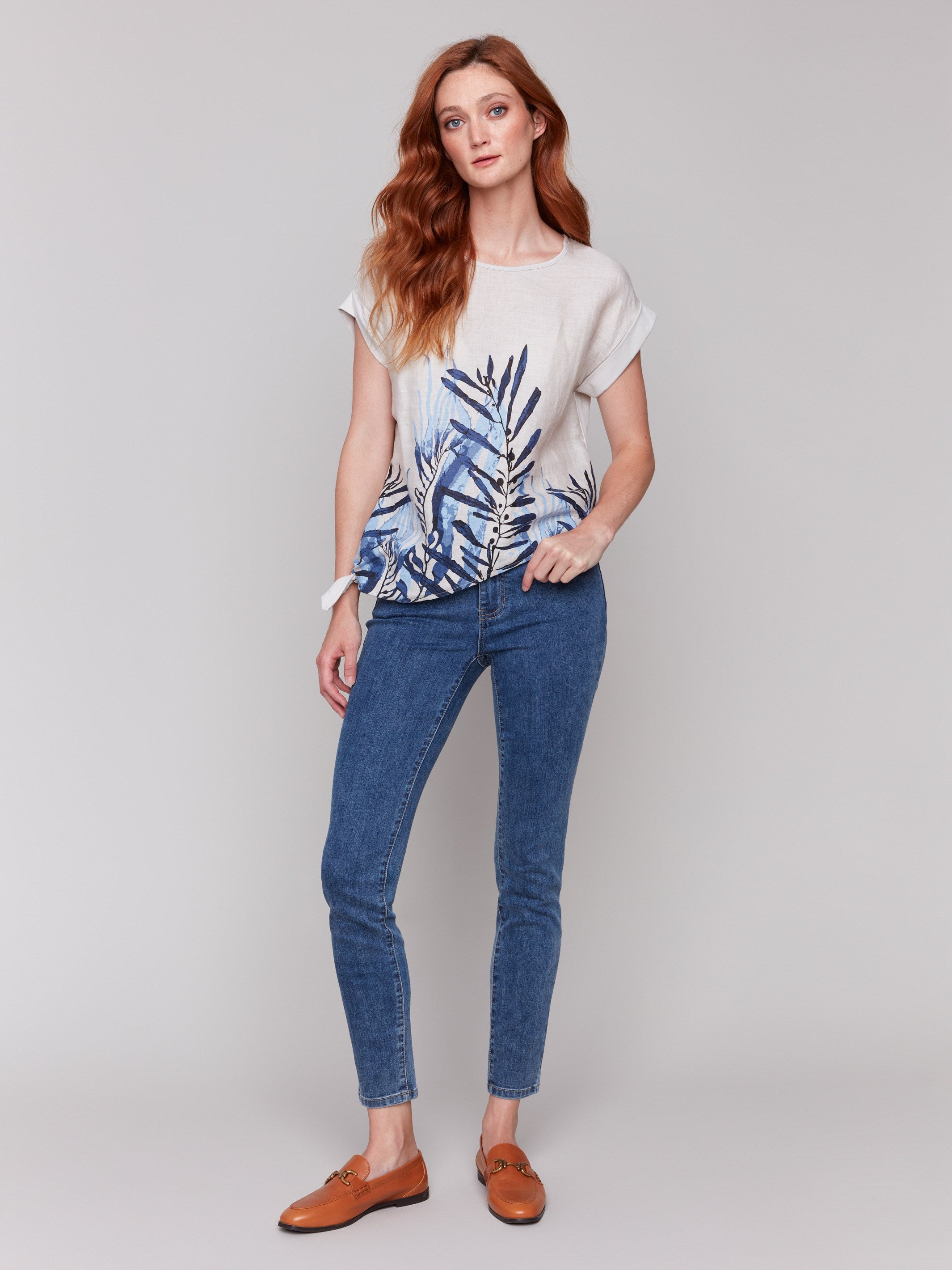 Stylish top with dolman sleeves and palm design by Charlie B.