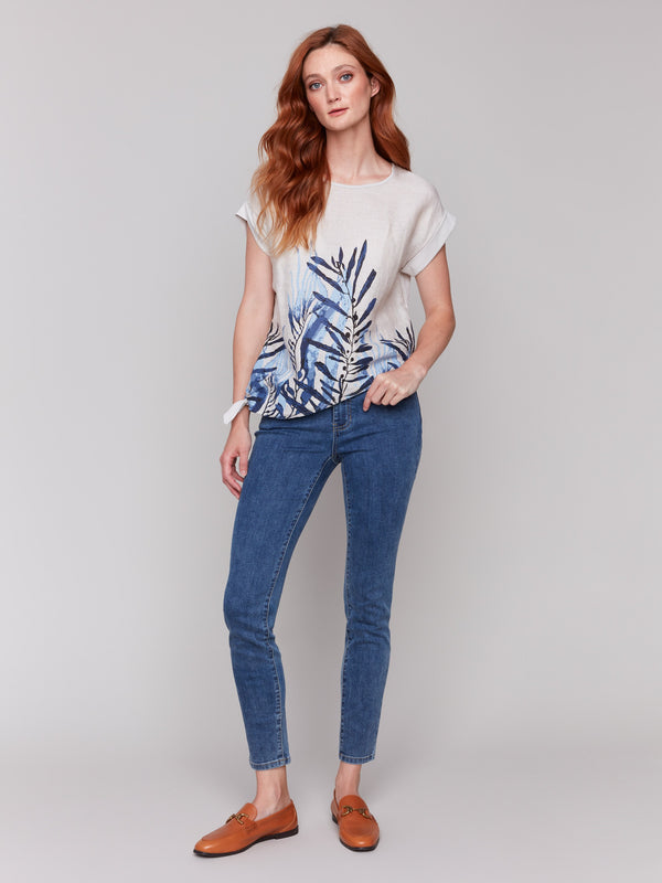 Stylish top with dolman sleeves and palm design by Charlie B.