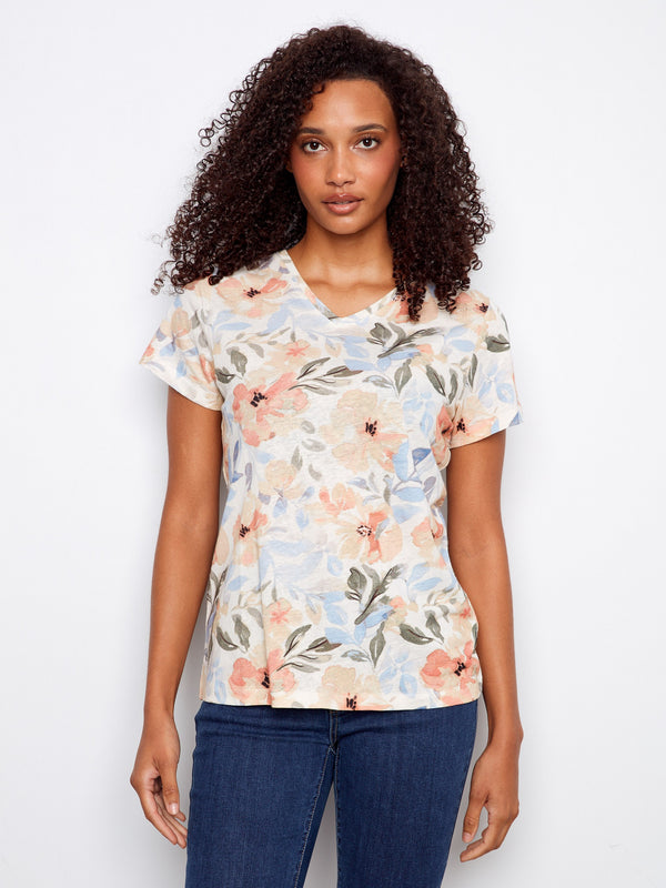 Floral tee with a V-neckline, perfect for casual outings. The design is both stylish and comfortable by Charlie B.