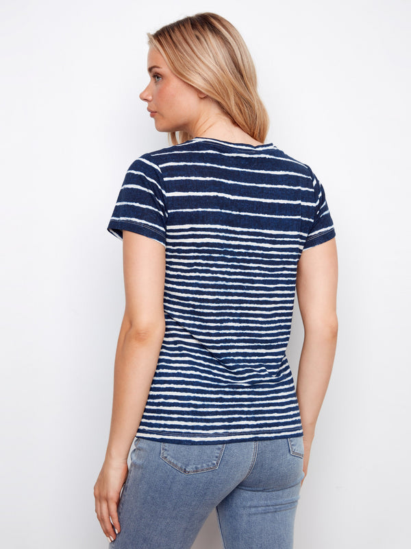 V-neck T-shirt with blue and white stripes, offering a trendy yet relaxed fit by Charlie B.