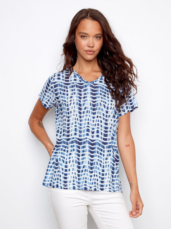 Printed Linen Blend V-Neck T-Shirt - Zig Zag
