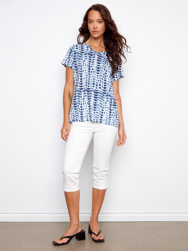 Printed Linen Blend V-Neck T-Shirt - Zig Zag