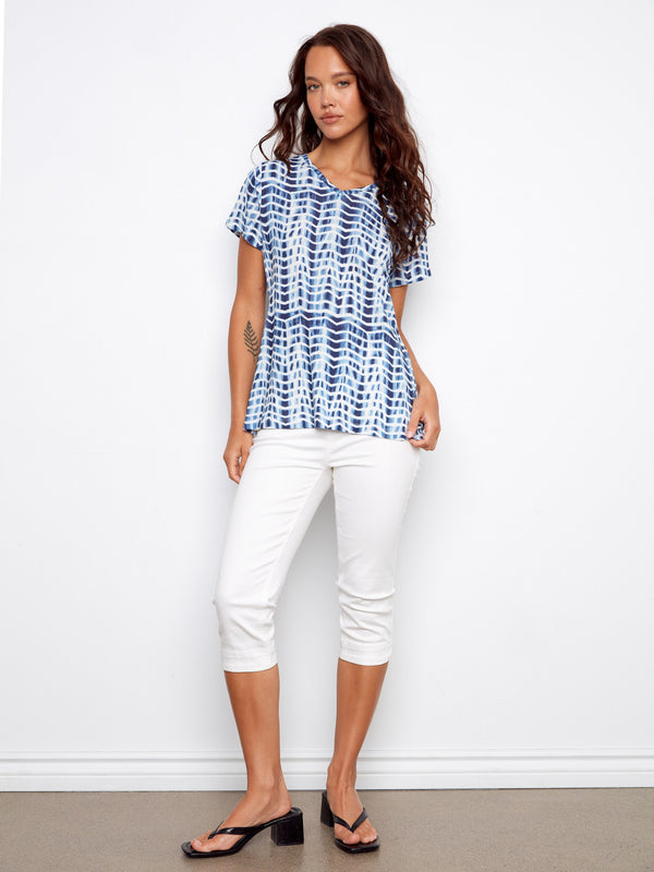Printed Linen Blend V-Neck T-Shirt - Zig Zag