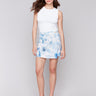 Linen blend wrap skort with short length and celestial design by Charlie B.
