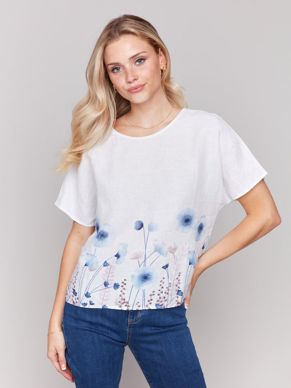 Linen top with crew neckline and floral border print by Charlie B.