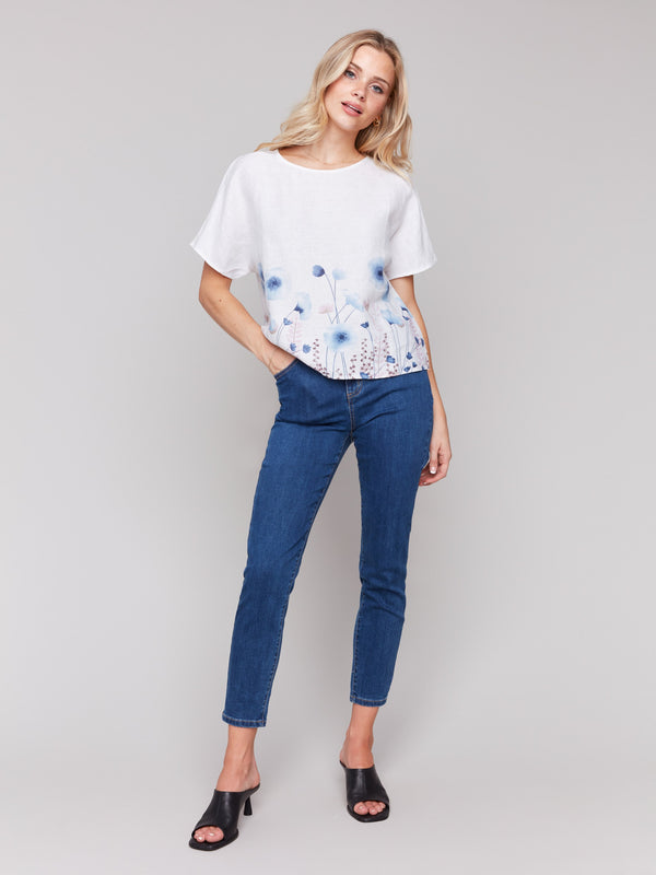 Dolman sleeves add elegance to this linen top by Charlie B.