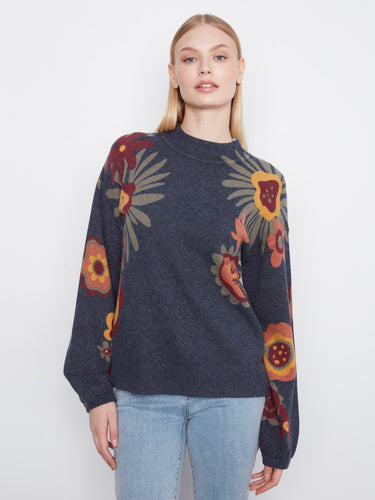 Navy sweater with long balloon sleeves and boho floral pattern, crafted by Charlie B.
