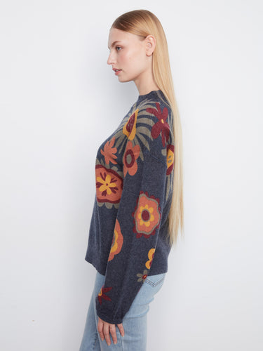 Elegant navy blue sweater featuring drop shoulder design and floral prints, designed by Charlie B.