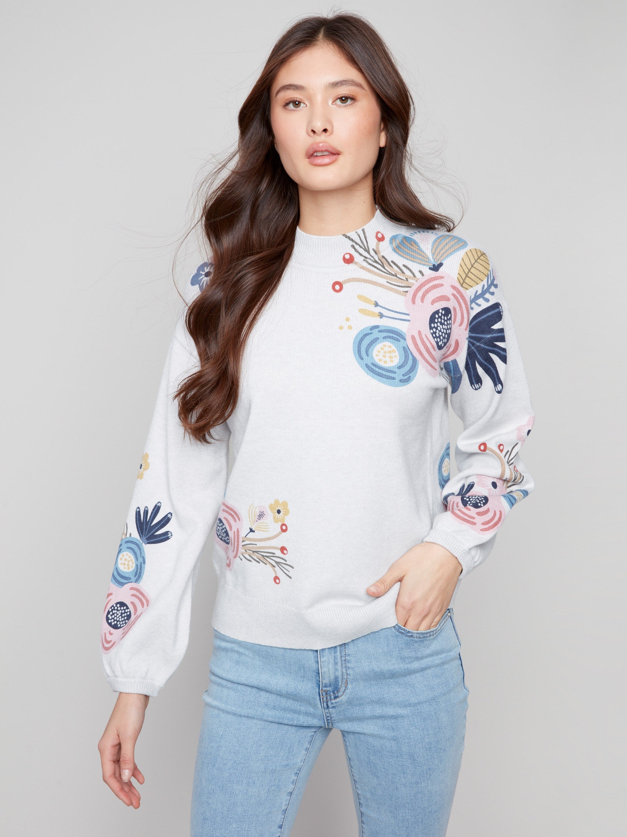 Light grey sweater with floral print and mock neck, featuring long balloon sleeves for a stylish look by Charlie B.