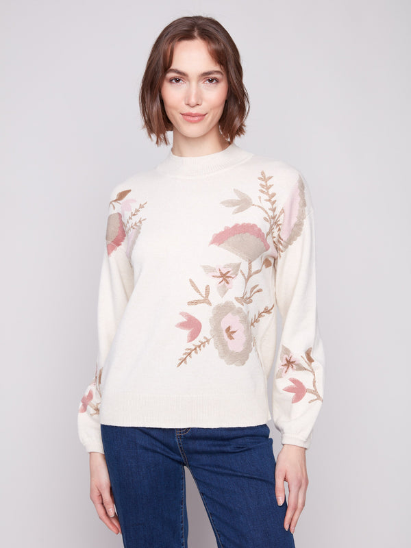 Elegant sweater with long balloon sleeves and floral print, perfect for a chic look by Charlie B.
