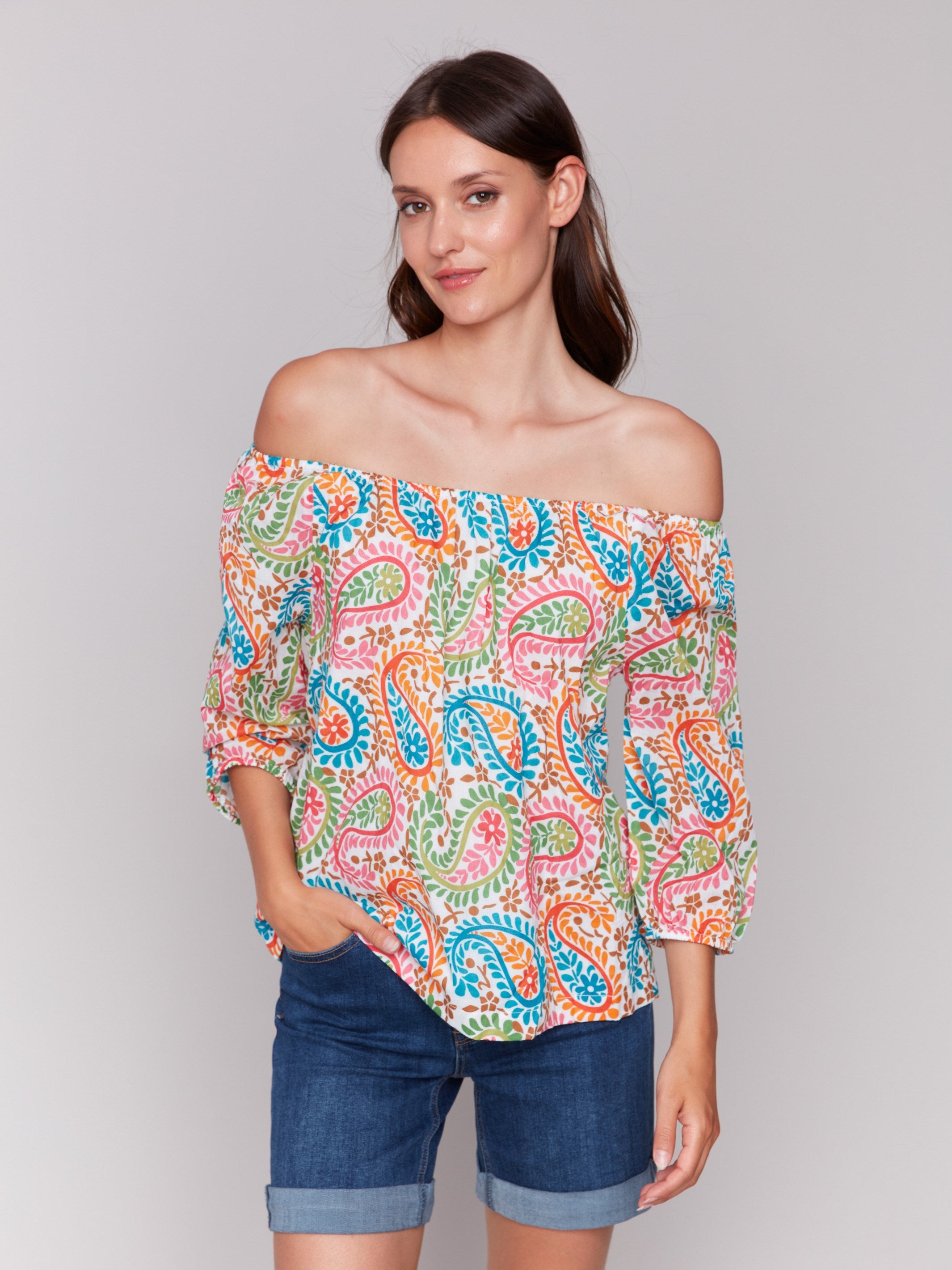 Vibrant paisley print cotton blouse with a unique neckline by Charlie B.