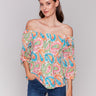 Vibrant paisley print cotton blouse with a unique neckline by Charlie B.