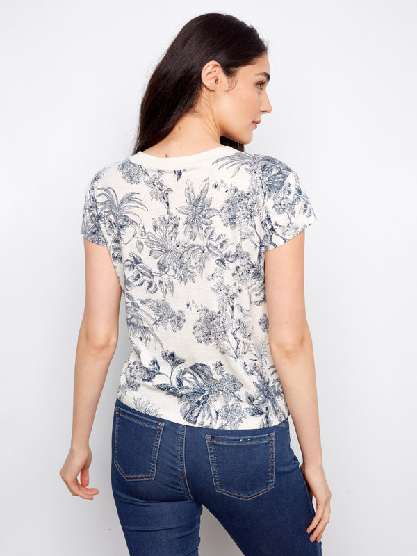 Lightweight cotton t-shirt with a beautiful blue floral design and drop shoulder style by Charlie B.