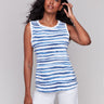 Organic cotton top with a crew neckline, featuring a blue striped pattern by Charlie B.