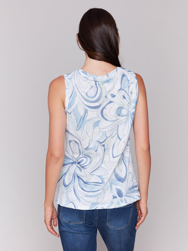 Crew neck sleeveless top with abstract design in organic cotton by Charlie B.