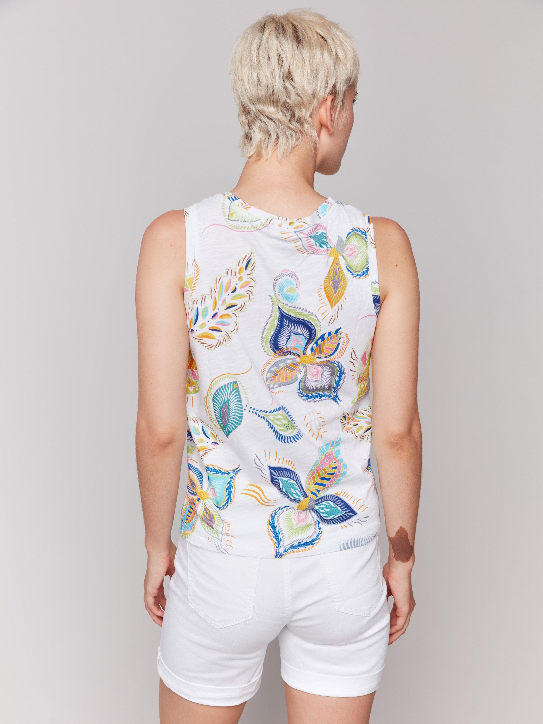 Colorful feather printed tank with unique sleeveless style by Charlie B.