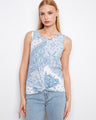 This sleeveless top features a crew neckline and intricate blue patterns, perfect for casual outings. Made from 100% cotton by Charlie B.