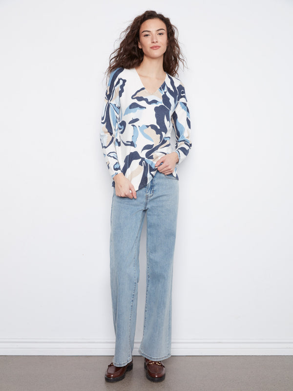 Printed Plush Knit V-Neck Sweater - Azurine