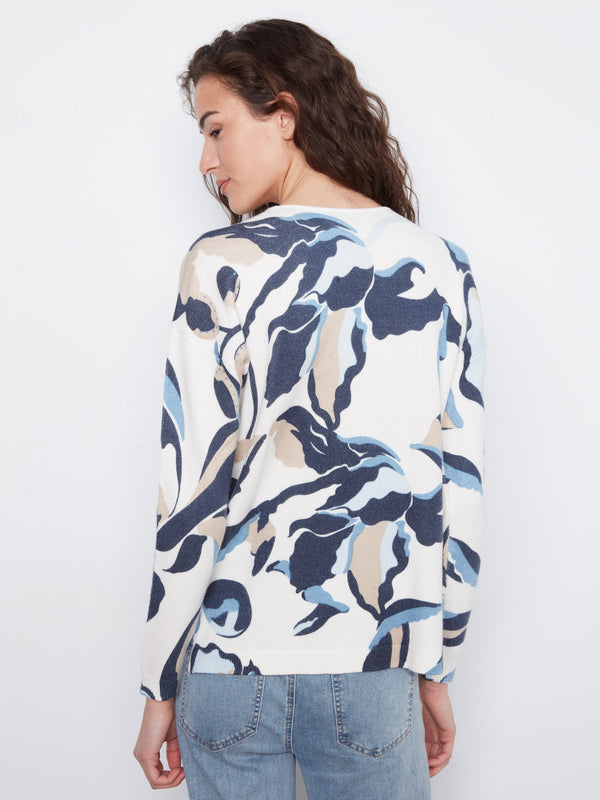 Printed Plush Knit V-Neck Sweater - Azurine