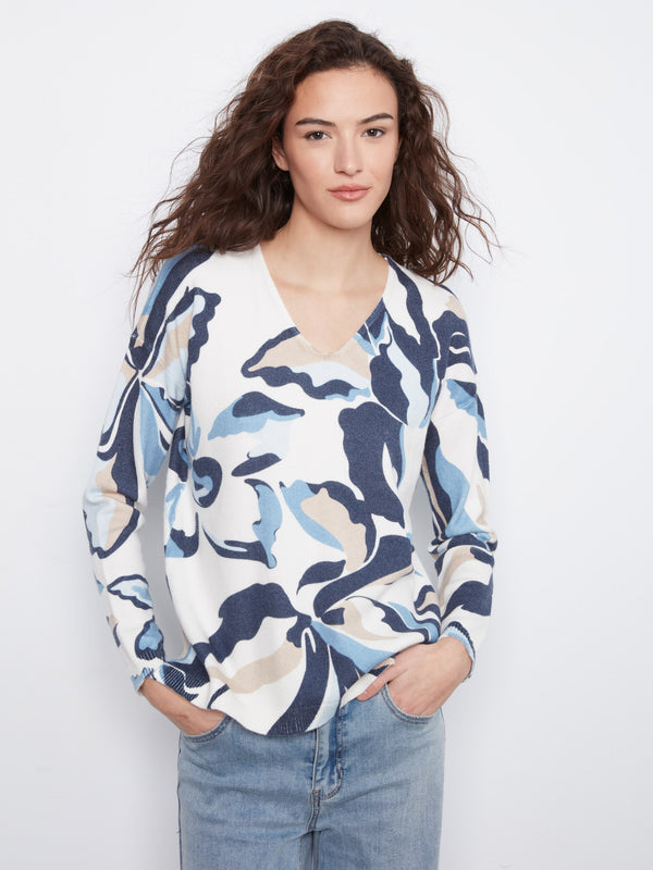 Printed Plush Knit V-Neck Sweater - Azurine