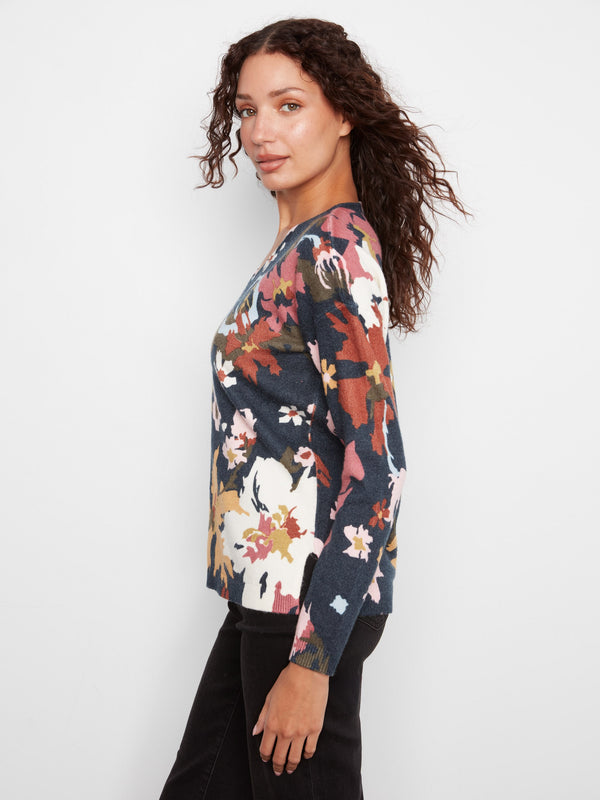Printed Plush Knit V-Neck Sweater - Bloom