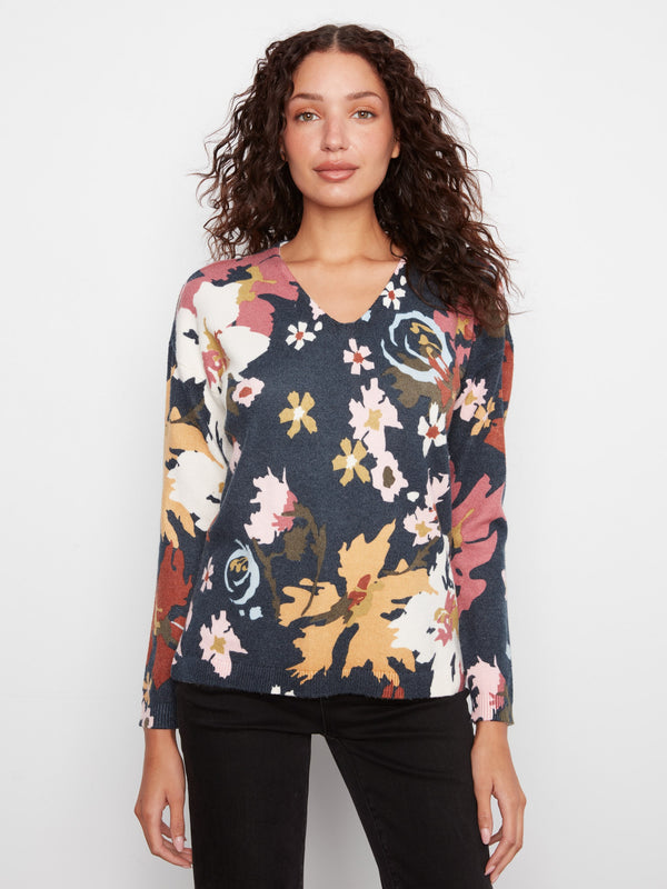 Printed Plush Knit V-Neck Sweater - Bloom