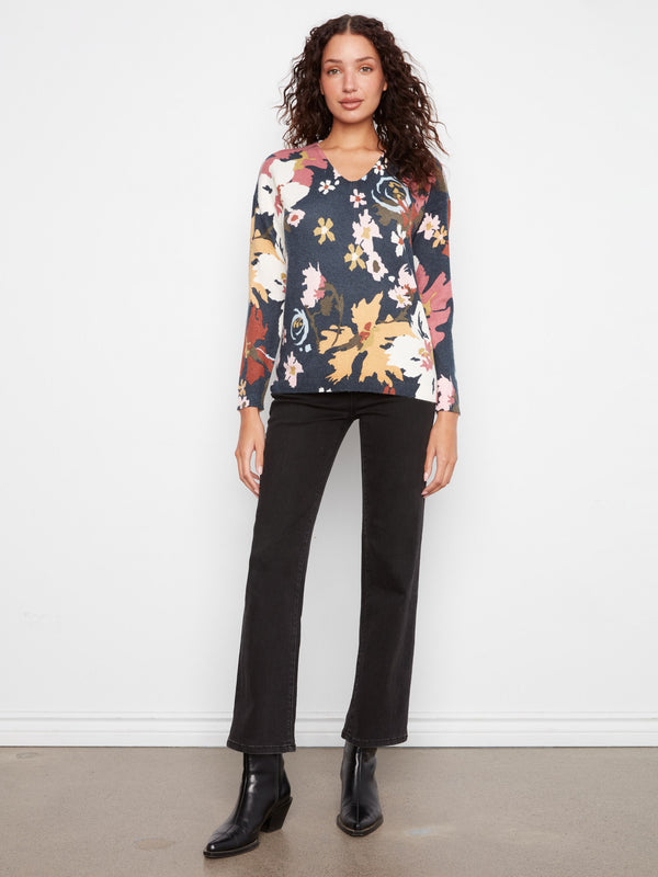 Printed Plush Knit V-Neck Sweater - Bloom