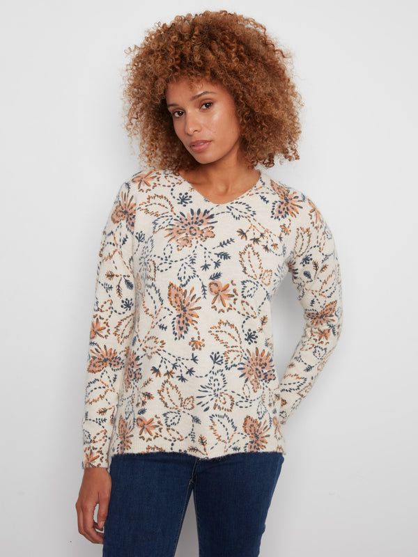 Printed Plush Knit V-Neck Sweater - Snowflake